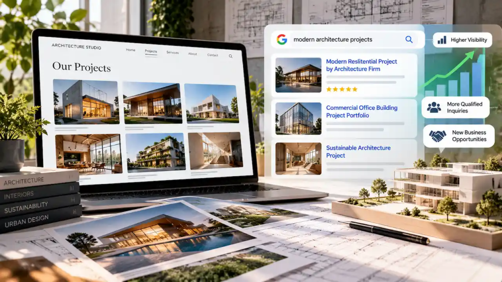 A professional visual illustrating how architecture portfolio SEO helps firms transform completed projects into searchable business opportunities. It features an architecture firm's online project portfolio, Google search results, modern residential and commercial buildings, and indicators of improved search visibility, qualified inquiries, and potential business growth.