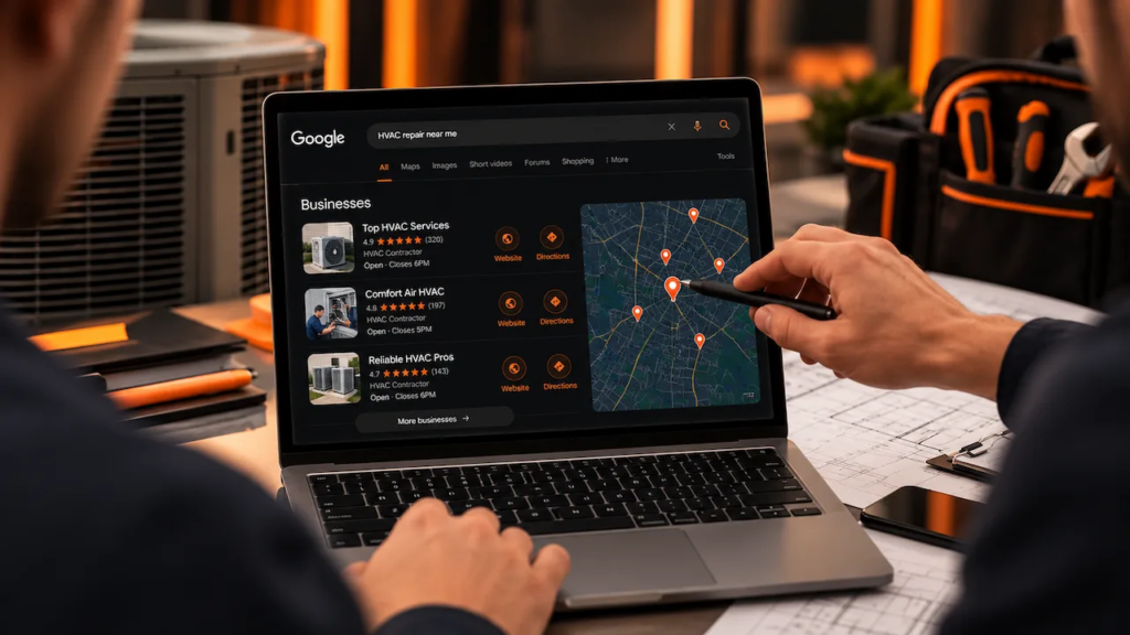 HVAC professionals reviewing Google local search results and Maps listings on a laptop to improve local SEO visibility and generate more service calls.